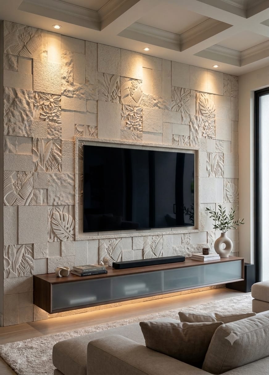 Luxury living room featuring a CNC carved natural stone TV console panel backdrop by Stone World